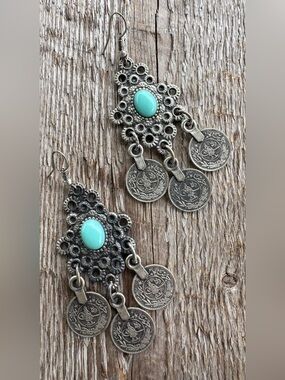 Turquoise Stone Coin Dangle Earrings - Women Jewelry